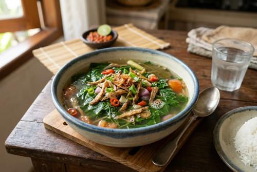 Sup Daun Ubi Bening Ikan Teri, Kombinasi Serat dan Protein Lokal cover